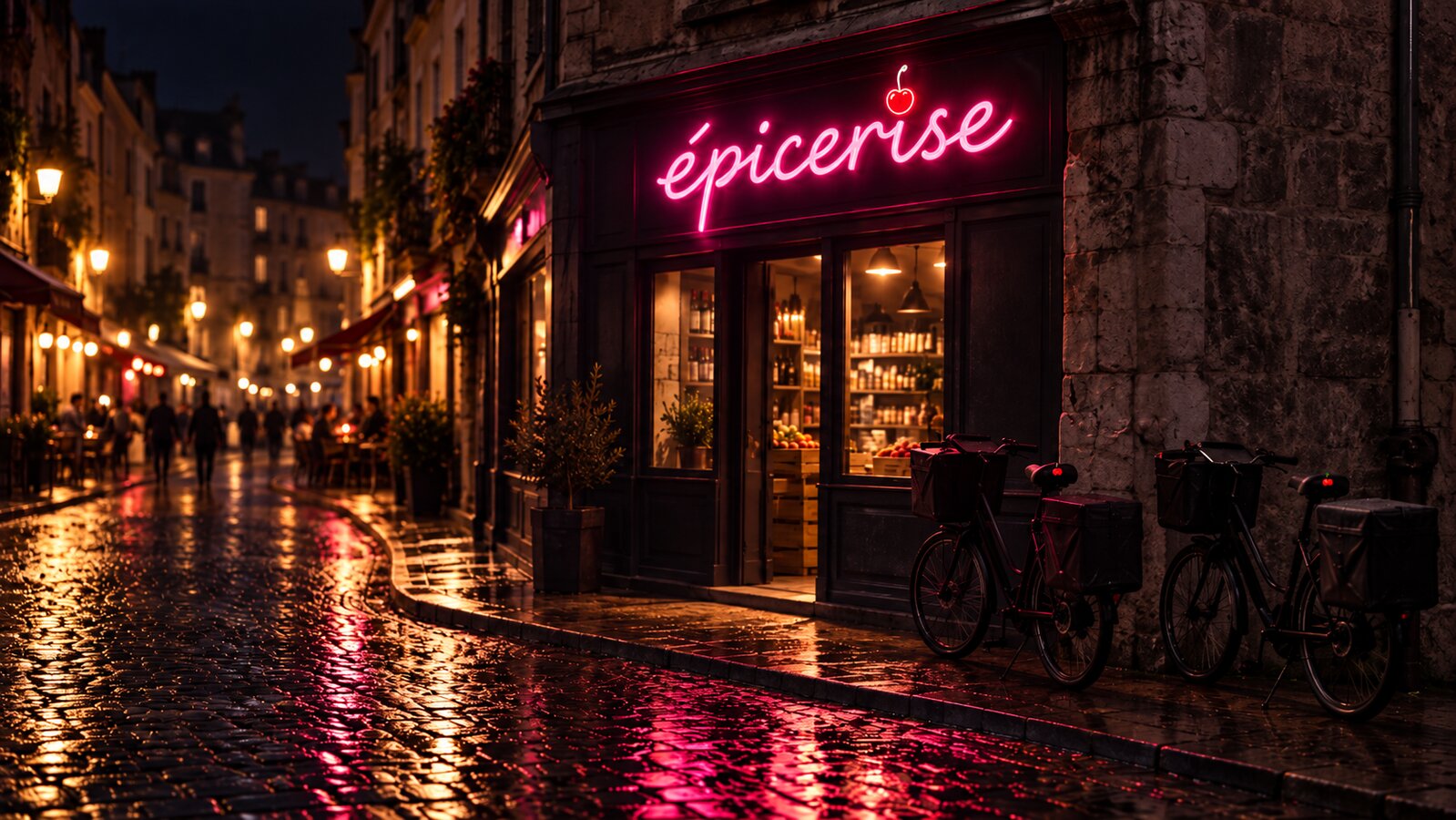 Devanture d'Épicerise, épicerie de nuit à La Rochelle — enseigne néon rose sur rue pavée mouillée